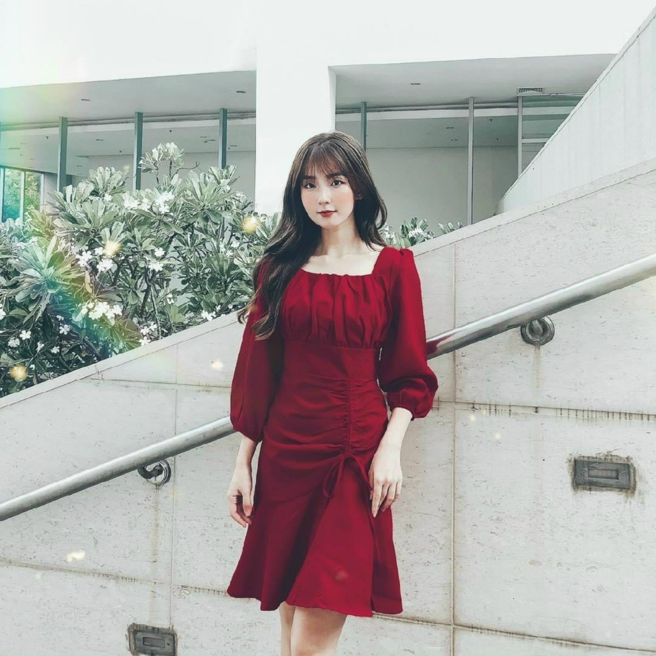 Váy cổ vuông nhún ngực tay dài xinh tươi