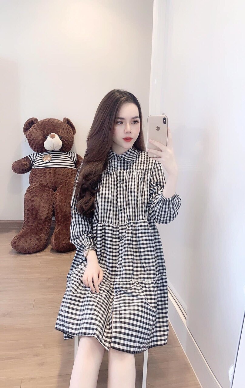 Đầm kate caro babydoll kiểu sơ mi phong cách TTSA0178
