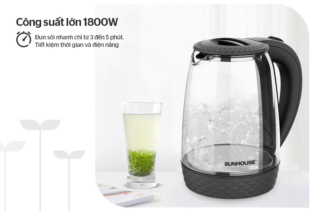 [Sunhouse Chính Hãng] Ấm Siêu Tốc Thủy Tinh 1.8 Lít Sunhouse SHD1215B