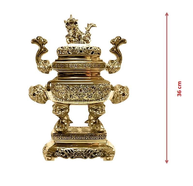 Bộ Đỉnh - Lư Hương vuông Vĩnh Tiến 1VT-Ngũ Sự 5 món gồm Lư hương cao 36cm nặng 4.5kg và 2 chân nến 2 con hạc - Đồ thờ phụng cao cấp bằng đồng liên doanh Đài Loan