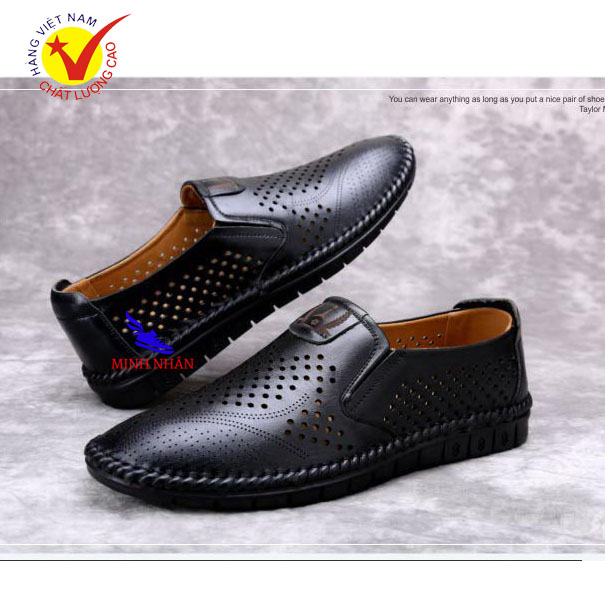 Giày lười nam da bò đục lỗ đẹp thoáng khí giá rẻ Giày mùa hè nam H-6 màu đen