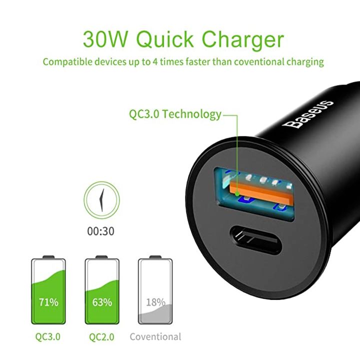 Tẩu sạc nhanh đa năng cho xe hơi, xe ô tô trang bị cổng Type-C và USB nhãn hiệu Baseus CCALL-AS01 Công suất 30W, Quick Charge 3.0 hỗ trợ PD