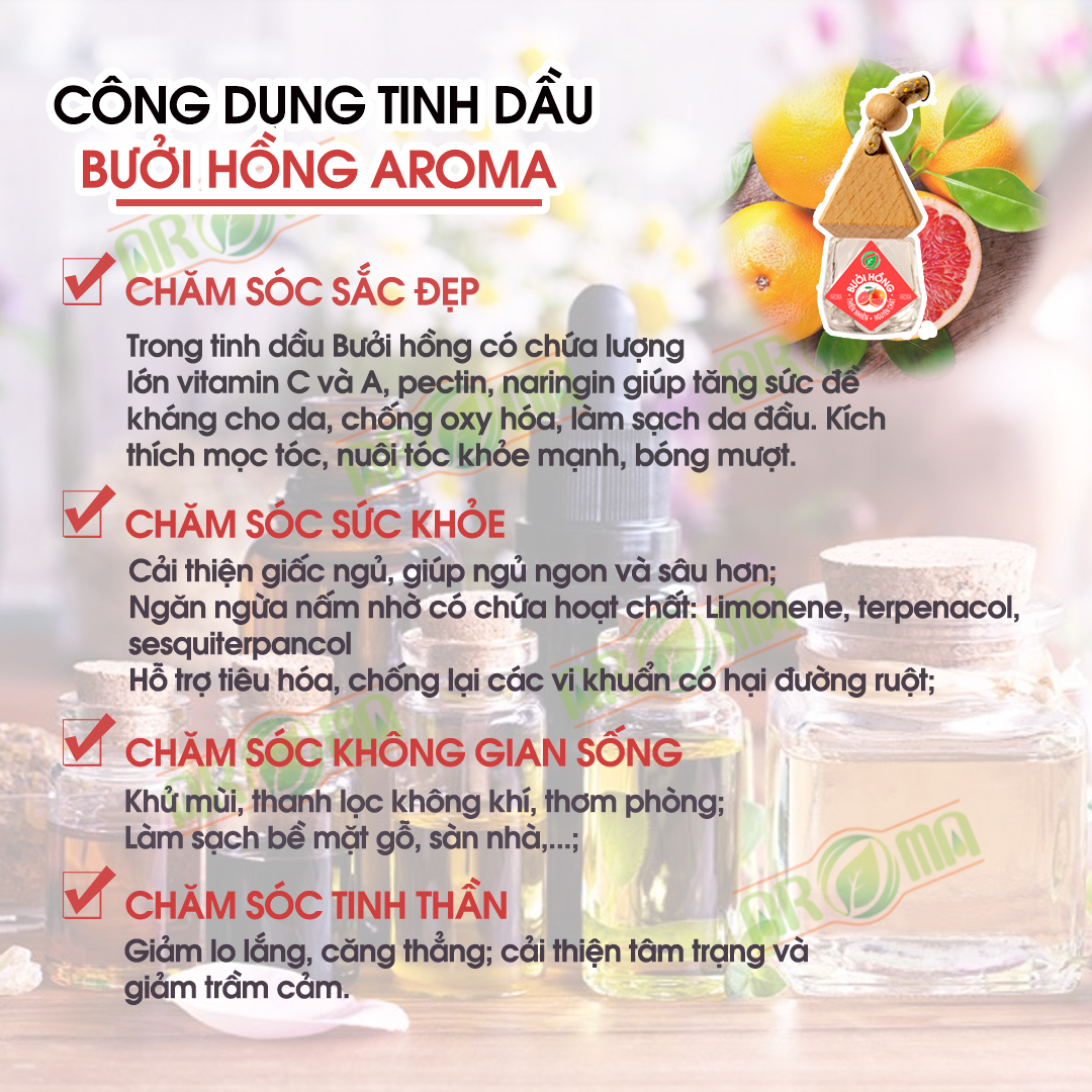 Tinh dầu Bưởi hồng AROMA Grapefruit Essential Oil, tinh dầu ướp hương thơm tóc, sạch da đầu, tinh dầu thơm phòng thư giãn
