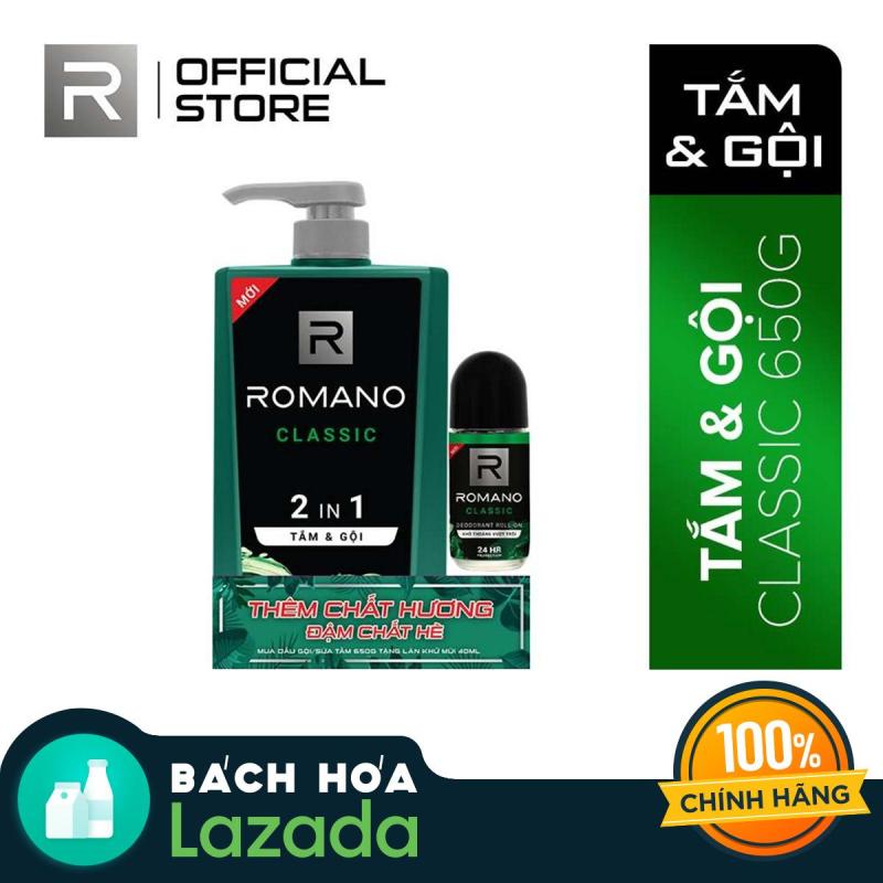 Tắm gội 2 trong 1 Romano Classic 650g + Tặng kèm Lăn khử mùi Romano Classic 40ml cao cấp