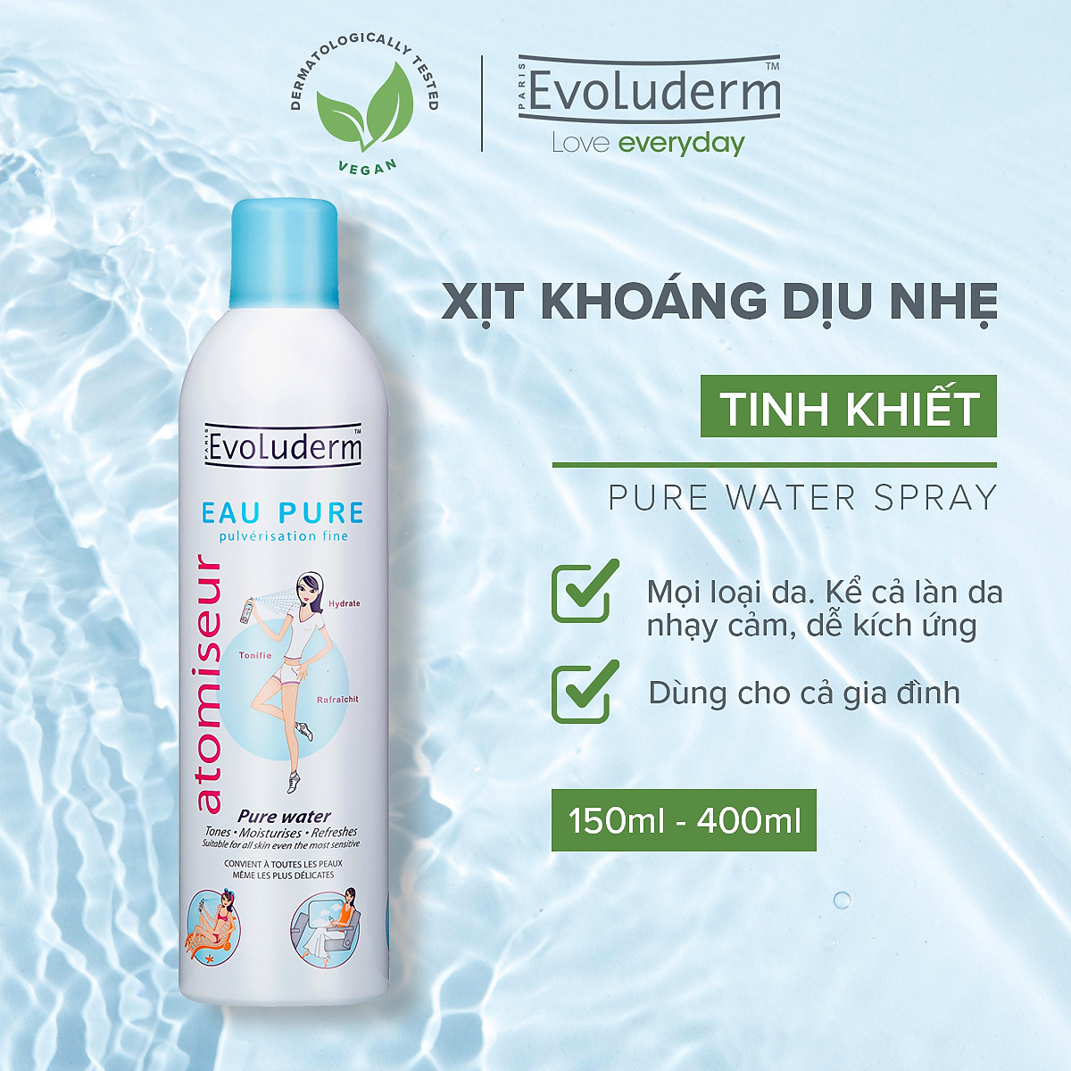 Xịt khoáng Evoluderm Atomiseur Eau Pure - Dưỡng ẩm cấp nước cho da