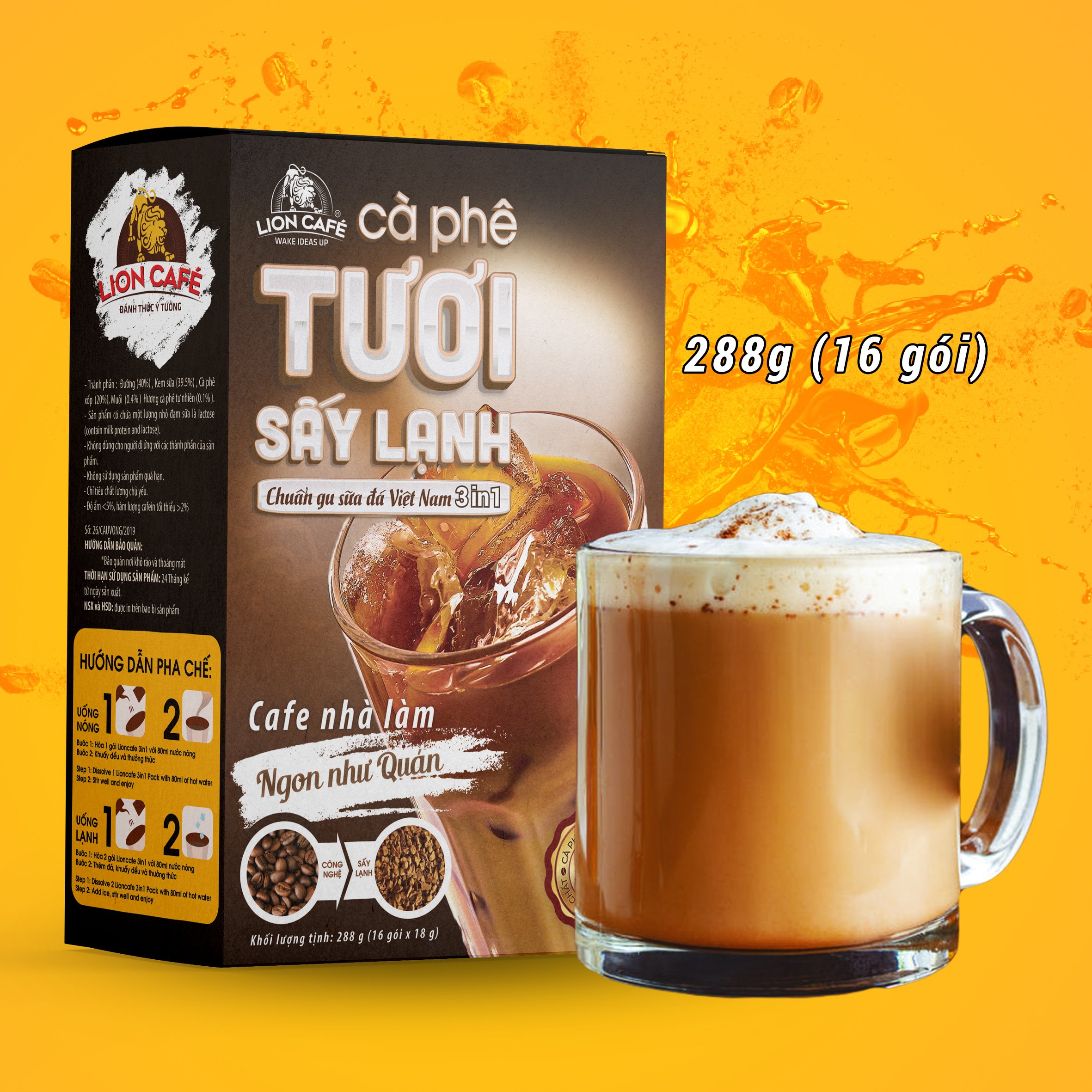LION CAFE - Cà phê hòa tan 3in1 - Cà phê TƯƠI Sấy Lạnh - Gu Nhà Làm - Hộp 288g (16 gói x 18g)