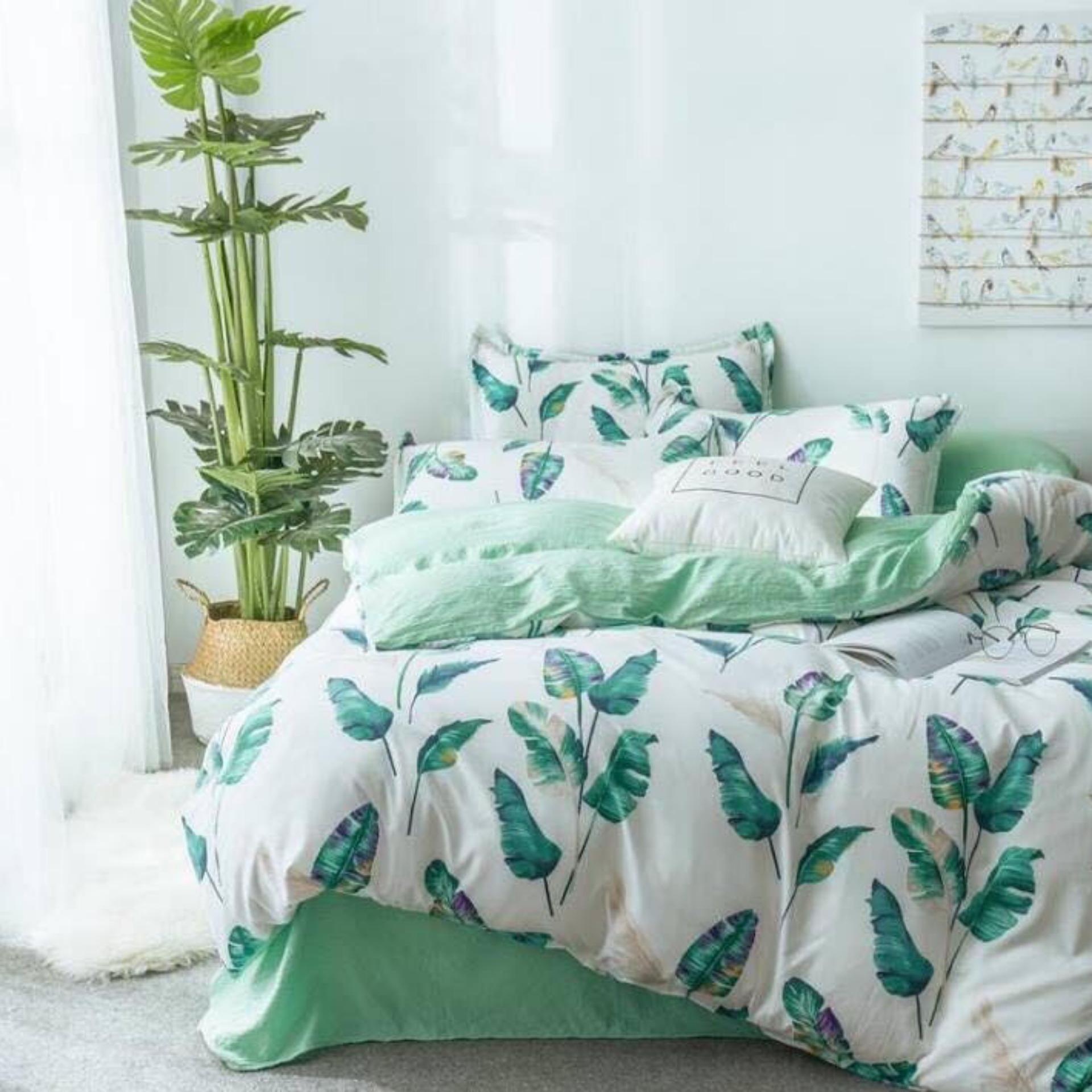 Bộ chăn ga gối đũi nhập lá xanh mới