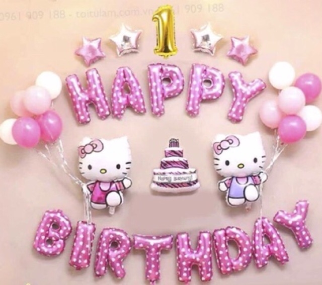 Set bóng trang trí sinh nhật hello kitty( kèm bơm và băng keo)