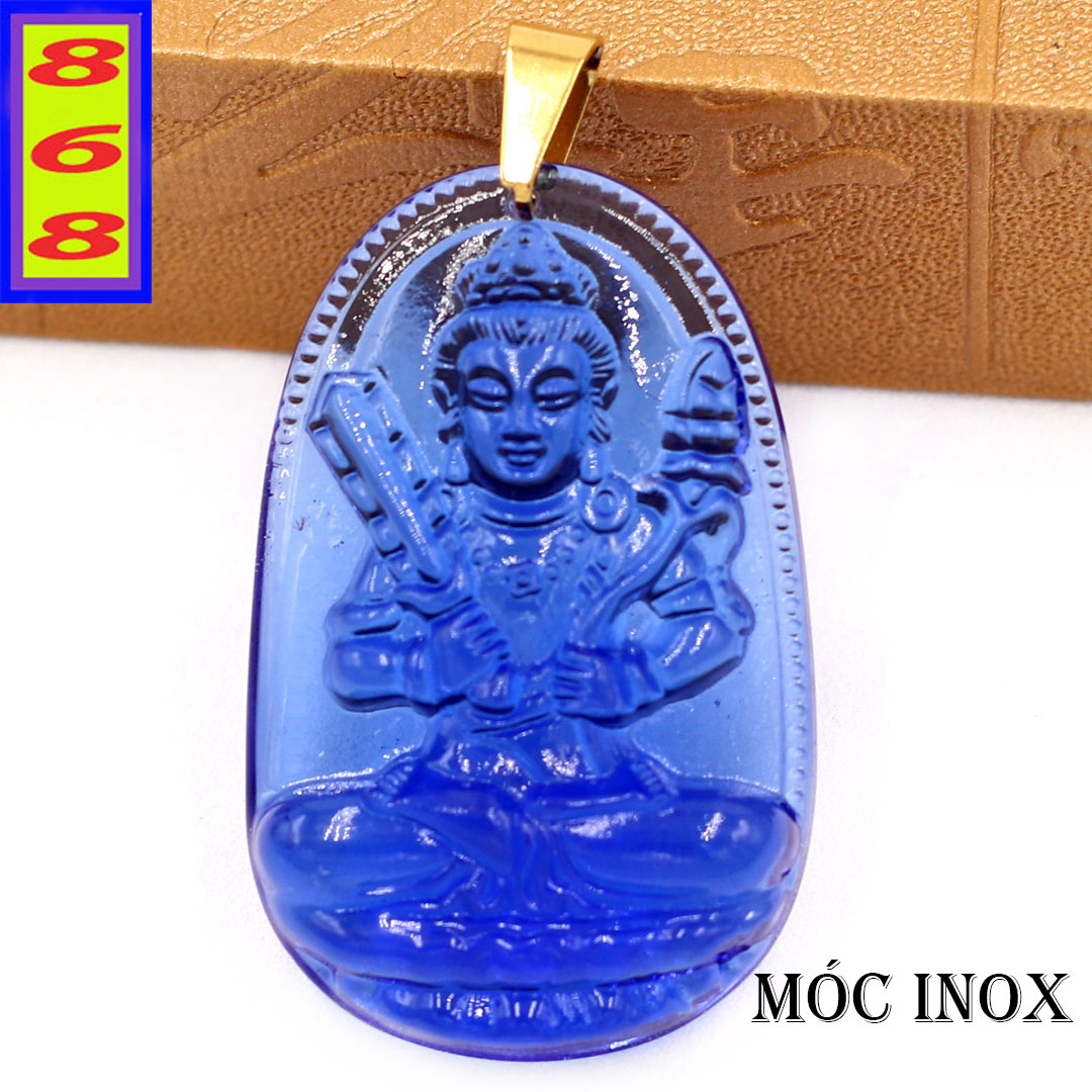 Mặt dây chuyền Hư Không Tạng Bồ Tát pha lê xanh dương 5cm - Mặt size lớn - phật bản mệnh tuổi Sửu, Dần - Tặng kèm móc inox