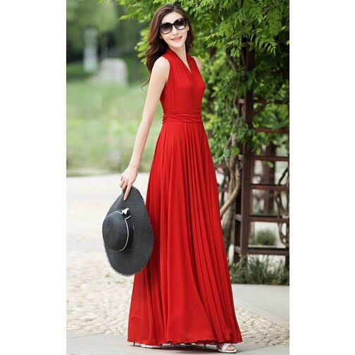 Đầm xòe phối xếp li cổ choàng, đầm maxi đi biển