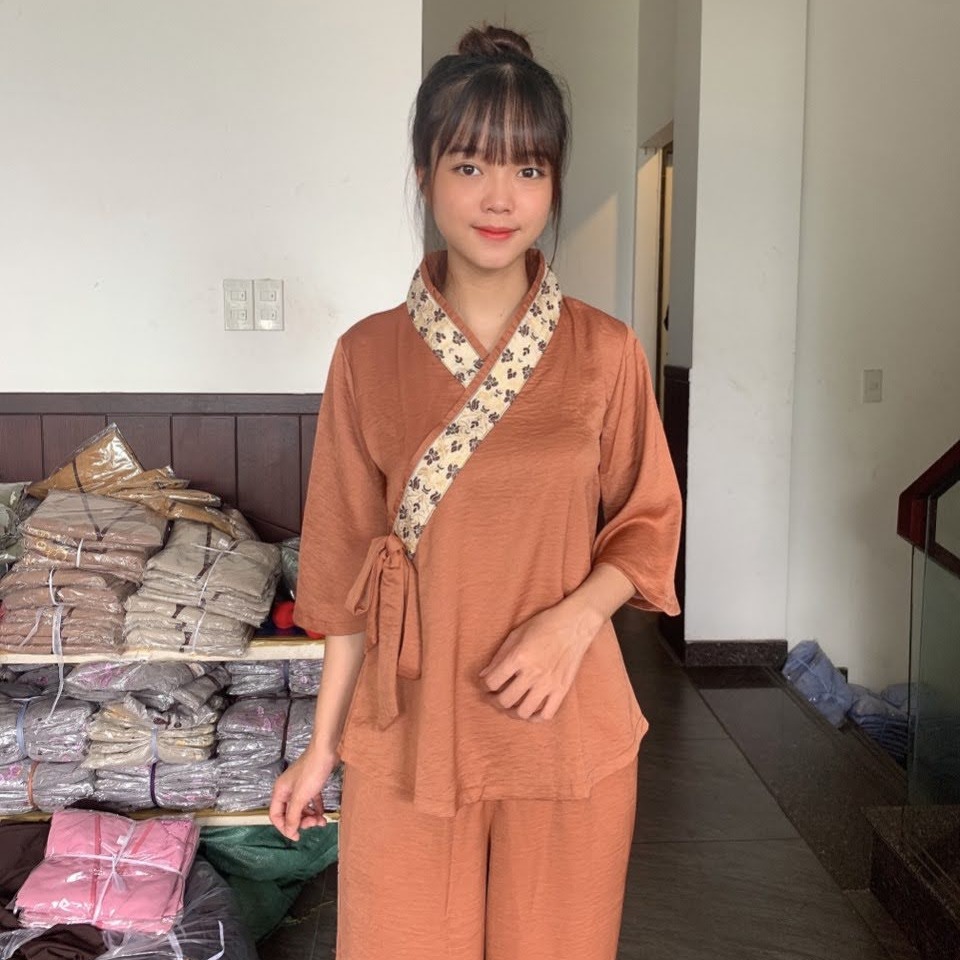 [HCM]Đồ lam đi chùa nữ đồ phật tử áo lam mẫu xéo nơ vải lụa