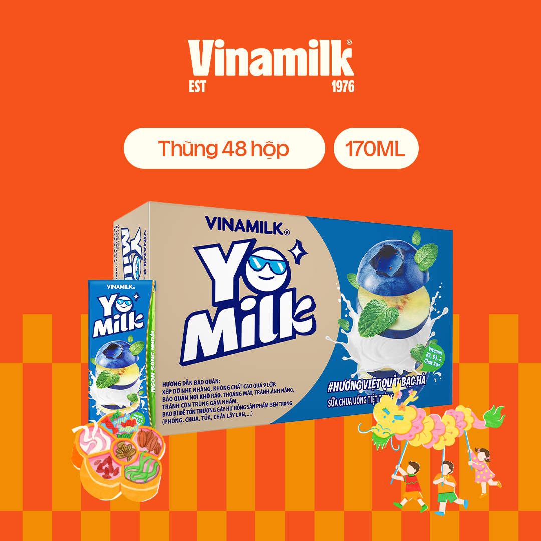 Sữa Chua Uống Tiệt Trùng Vinamilk Yomilk hương Việt Quất Bạc Hà - Thùng 48 hộp 170ml