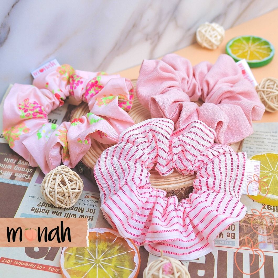 [HCM]Combo 3 Cột Tóc Buộc Tóc Scrunchie Màu Hồng Pastel Sọc