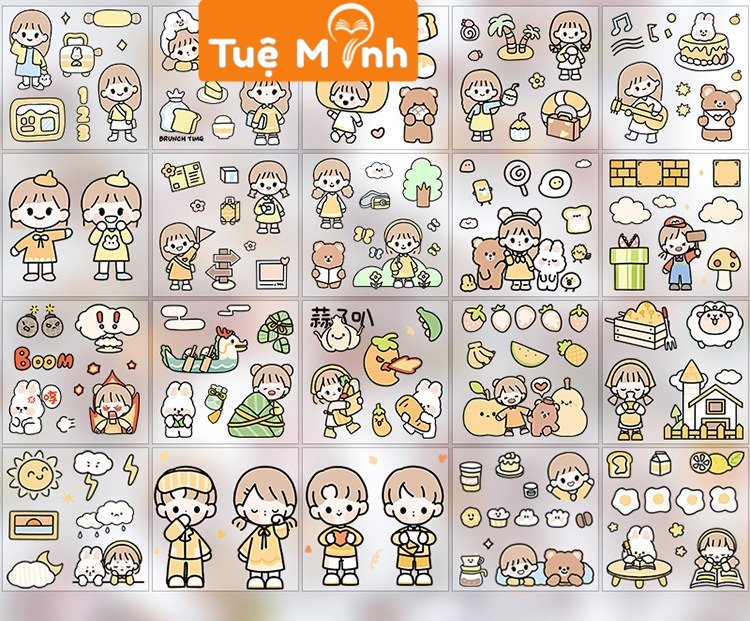 Set 20 tấm 100 miếng sticker nhãn dán Cô nàng dễ thương cute trang trí sổ, điện thoại, nhãn dán laptop