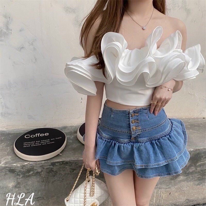 Chân váy jean đuôi cá nhún bèo hai tầng Quảng Châu cao cấp HOT LẮM Ạ