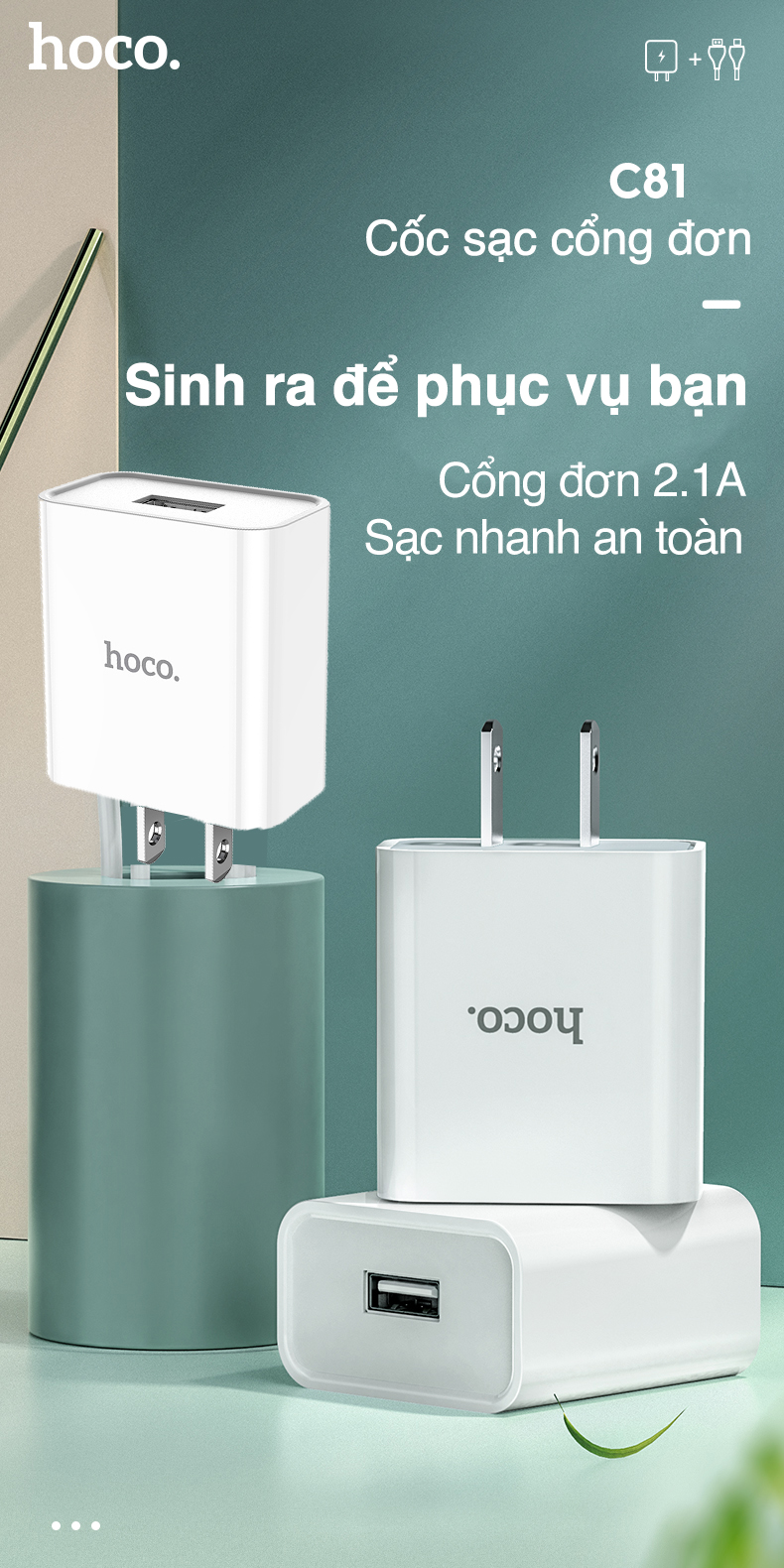 Củ sạc nhanh Hoco C81 sạc nhanh 2.1A 1 cổng sạc USB chất liệu PVC an toàn dành cho iPhone Samsung Huawei Xiaomi Oppo