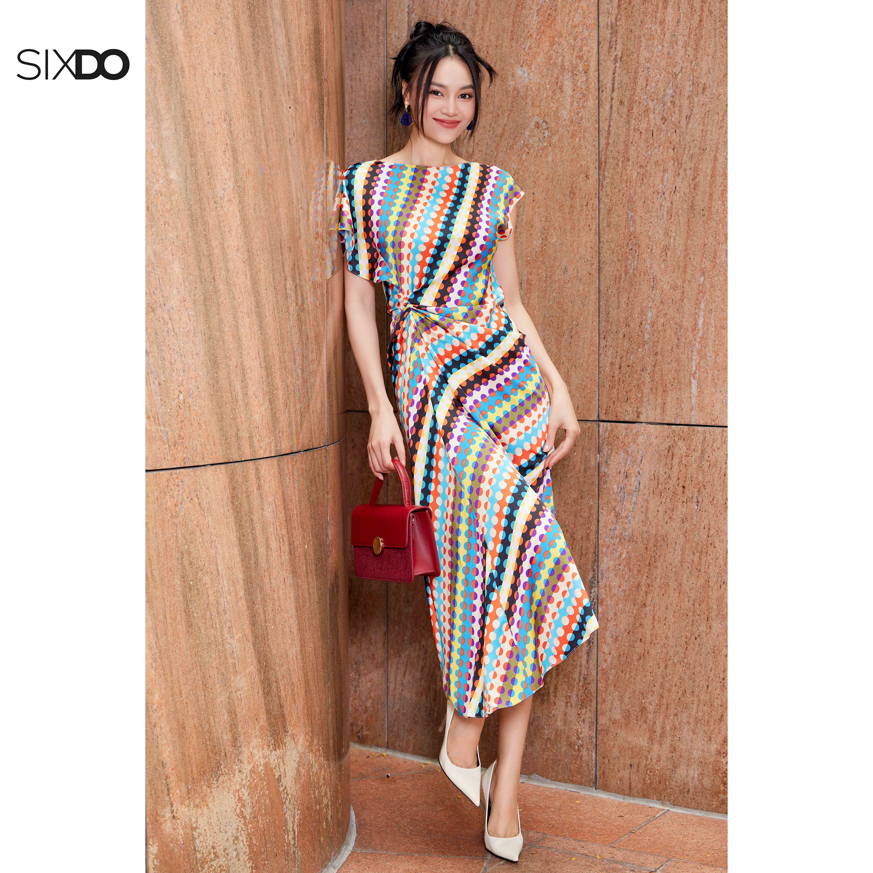 Đầm lụa chấm bi nhiều màu SIXDO (Multicolor Polka Dot Midi Silk Dress)