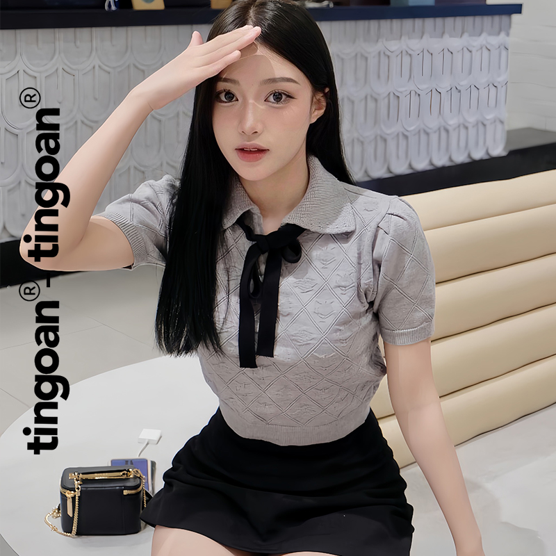 Tingoan® - áo len xám crop bề mặt len hoạ tiết quả trám cùng chi tiết buộc nơ yuri yuri top/gr phiên bản mới t6/2024