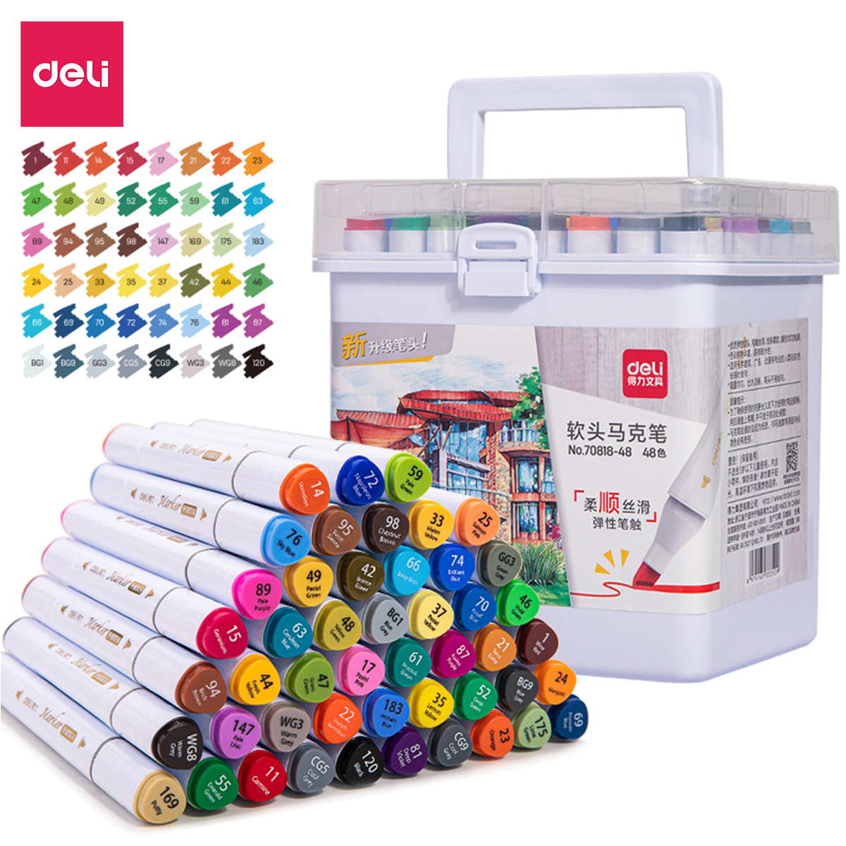 Bút màu dạ marker 2 đầu chuyên nghiệp deli - kèm hộp nhựa - 24/36/48/60 màu đậm, mực đều - tô màu, đi nét, vẽ tranh 70818