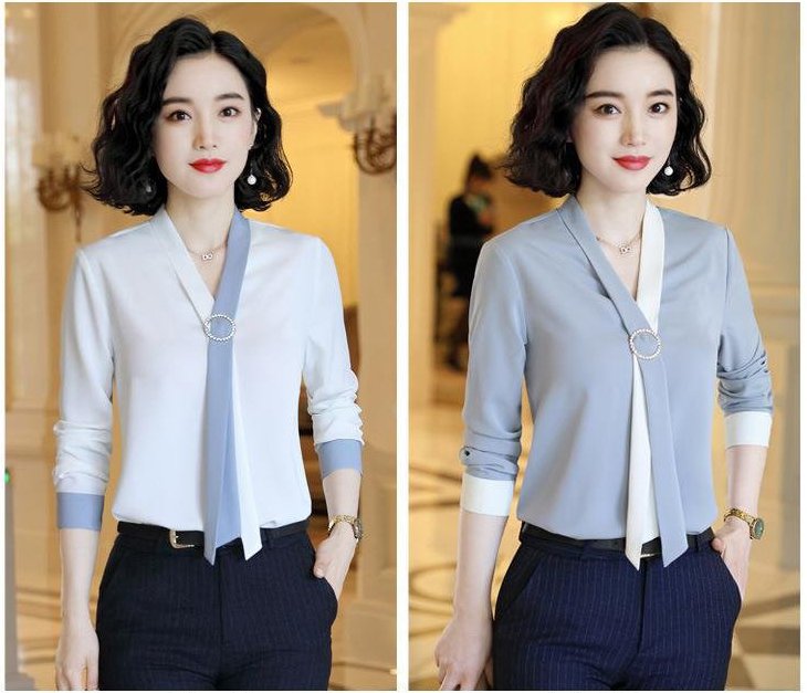 Áo kiểu sơ mi tay dài công sở phois cà vạt kèm phụ kiện