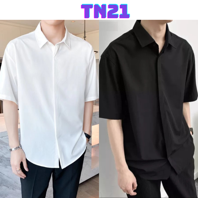 Áo sơ mi rộng tay ngắn nhiều màu unisex nam nữ GIẤU NÚT chuẩn form Hàn Quốc vải lụa mềm mịn mát 40-90kg MRN02