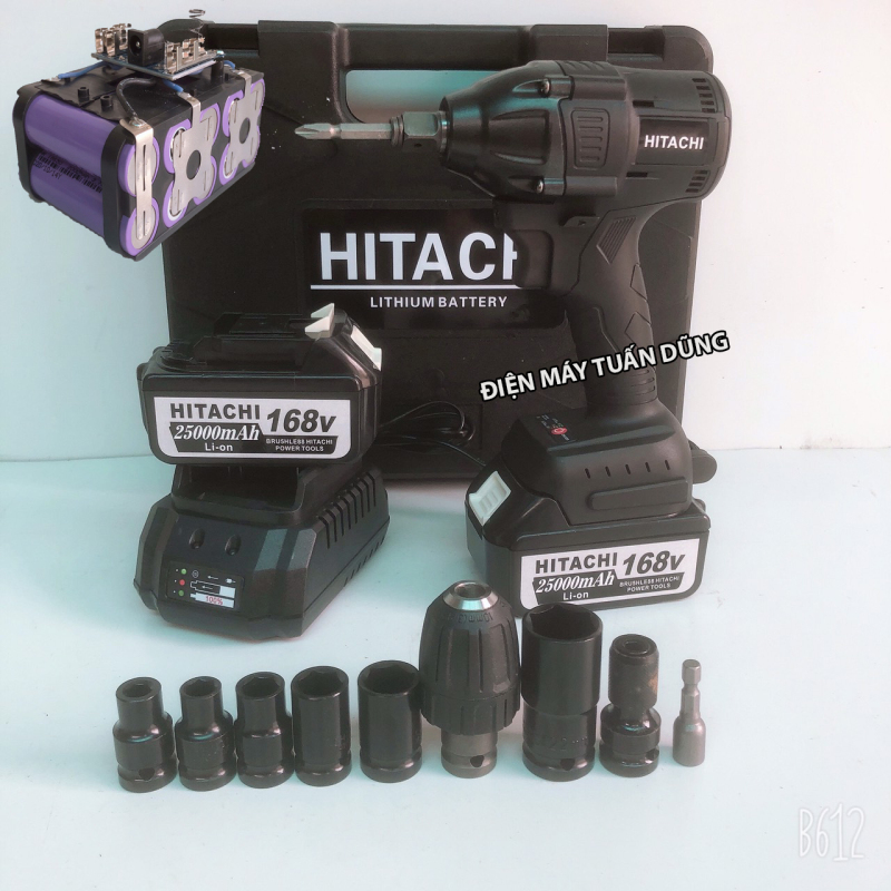 Máy siết bulong dùng pin Hitachi 168V Động cơ không chổi than KÈM 2 PIN TÍM và 01 BỘ CHUYỂN ĐỔI và 5 KHẨU
