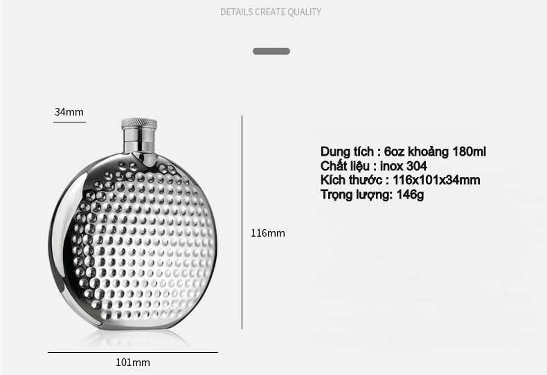 Bình đựng rươu inox 304 tròn dung tích 6oz 180ml