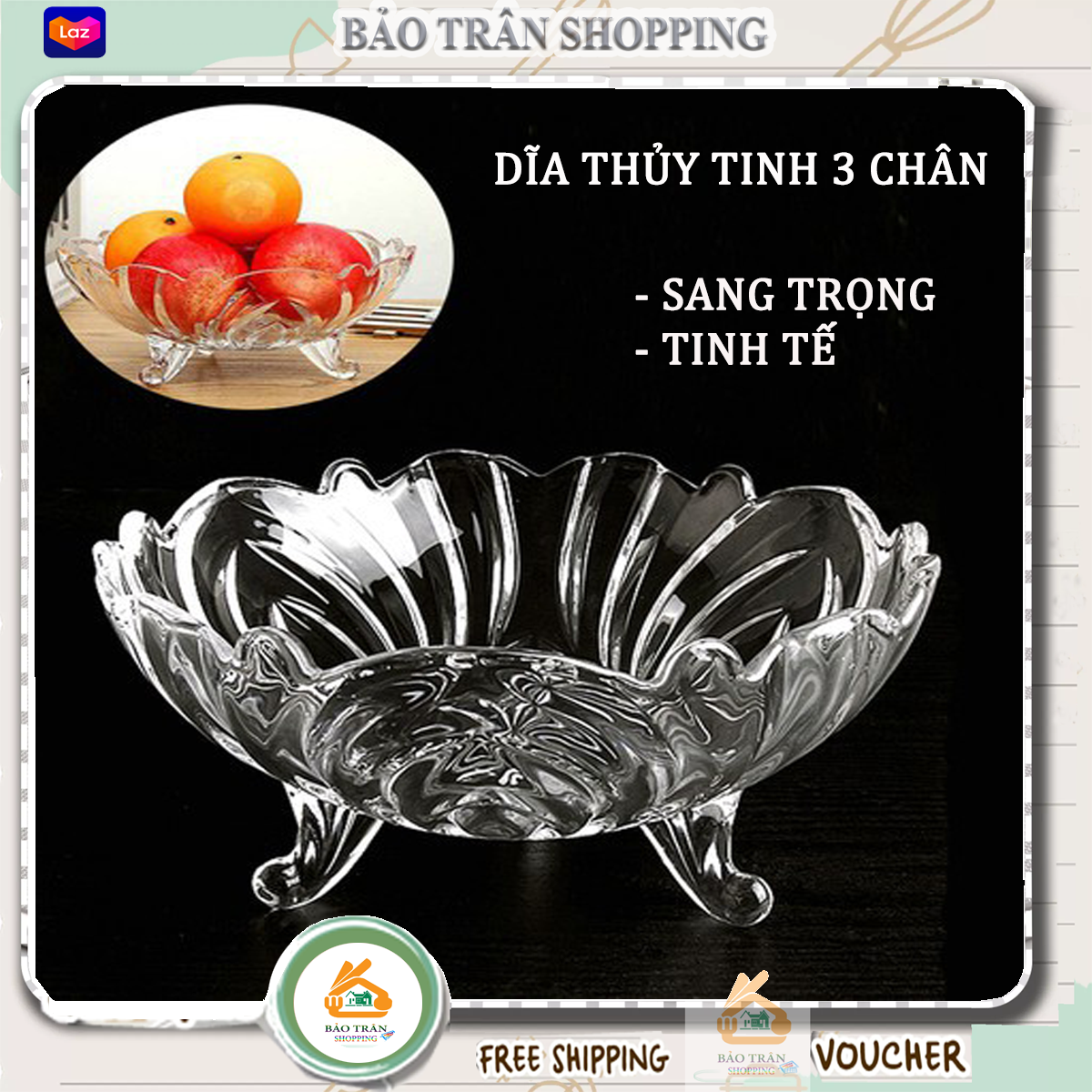 [CHUẨN - ĐẸP] Dĩa thủy tinh pha lê 3 chân đựng trái cây sang trọng, khay đựng hoa quả đẹp, khay bằng thủy tinh