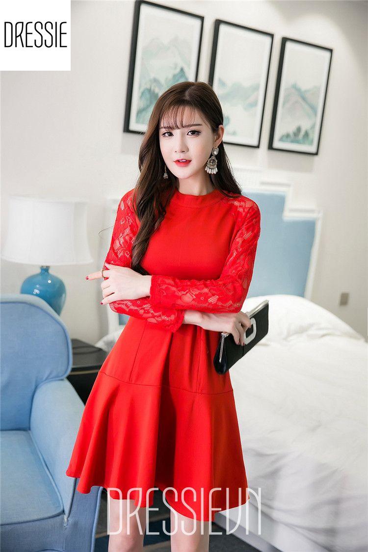 Đầm dự tiệc đầm đẹp đầm xòe váy nữ áo đầm đẹp cao cấp DRESSIE đầm ren tay dài thời trang nữ sexy đẹp công sở dạo phố dự tiệc quần áo nữ xinh xắn váy đầm dự tiệc sang trọng trẻ trung - DX139 (Đen - Đỏ) - Kèm hình ảnh thật
