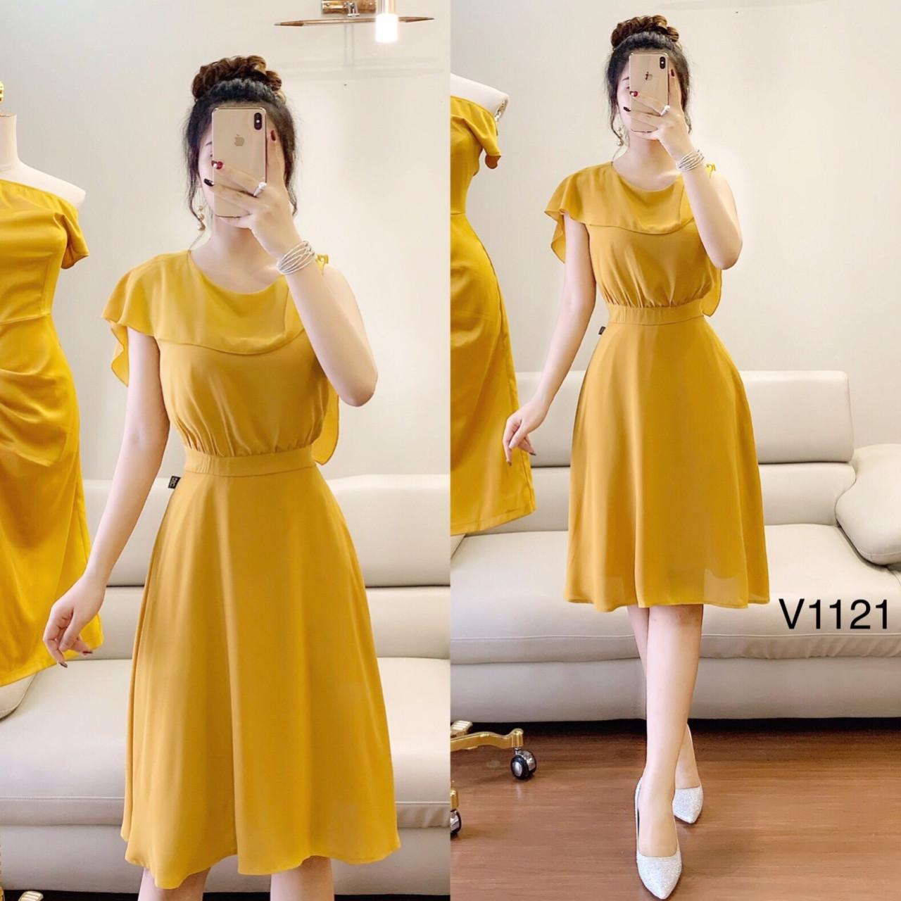 Đầm nữ dáng xòe cổ bèo đính ngọc chất kate lụa freesize 2 màu vàng đỏ