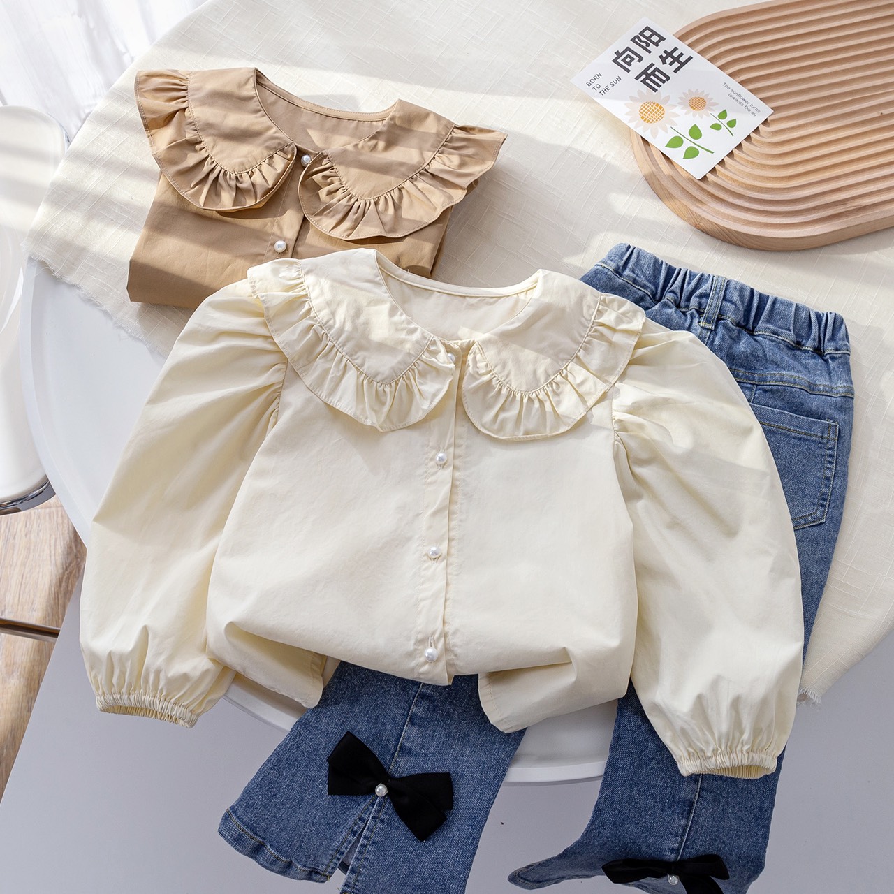 Áo sơ mi bé gái V5 chất lụa cúc ngọc size đại 14 - 45kg