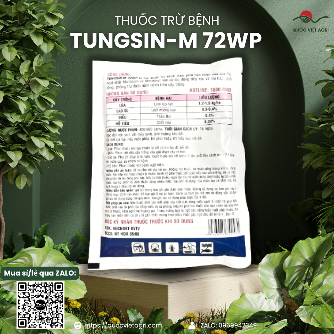 Thuốc trừ bệnh TUNGSIN-M 72WP (gói 100g) - Metalaxyl 8%w/w + Mancozeb 64%w/w Trị lem lép hạt trên lúa, Loét miệng cạo cao su