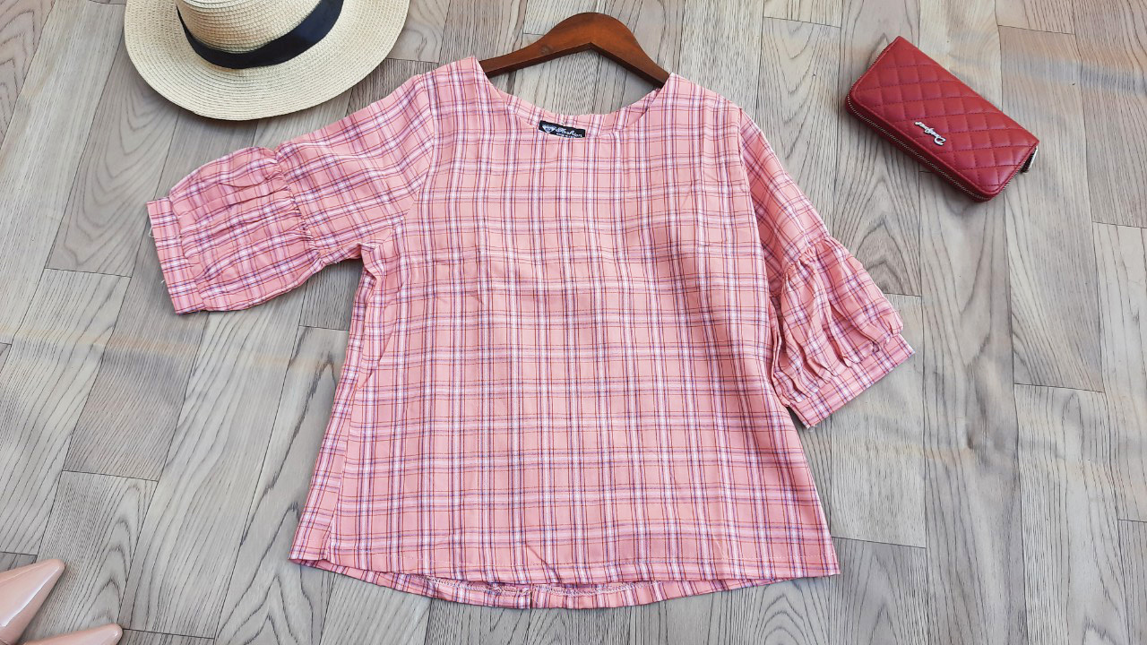 Áo sơ mi công sở nữ linen cổ tròn tay phồng