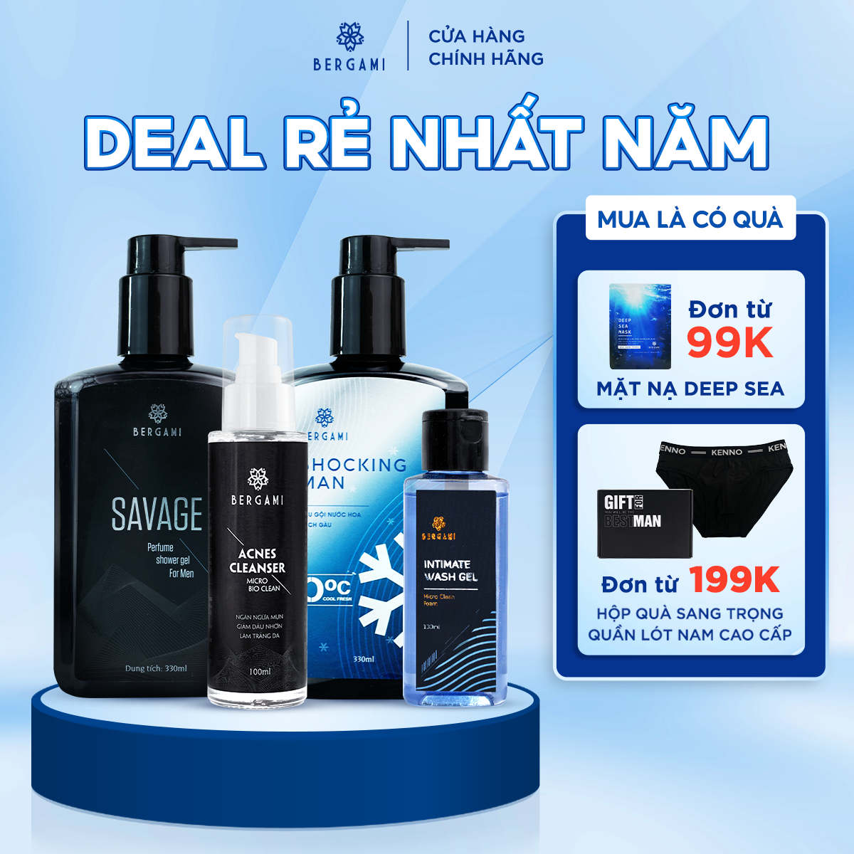 Combo Sữa Tắm Nam Hương Nước Hoa Bergami 330ml & Dầu Gội Hương Nước Hoa 330ml & Dung Dịch Vệ Sinh Nam 130ml & Sữa Rửa Mặt 100ml