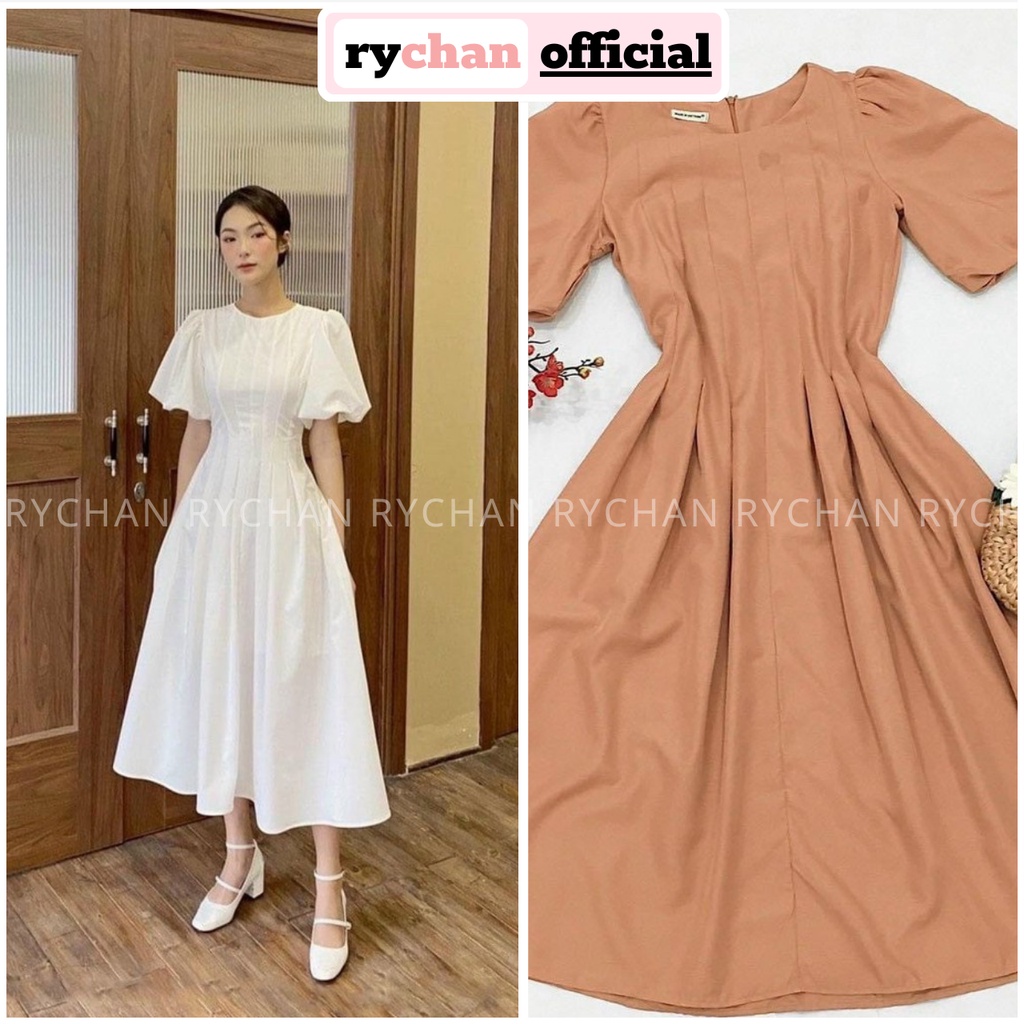 Đầm Xòe Midi Trơn Tay Phồng Chít Eo 5 Màu [Ảnh Thật Cuối] - DX0036