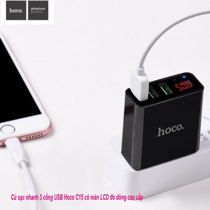 Củ sạc nhanh 3 cổng Hoco C15 có màn LCD đo dòng cao cấp