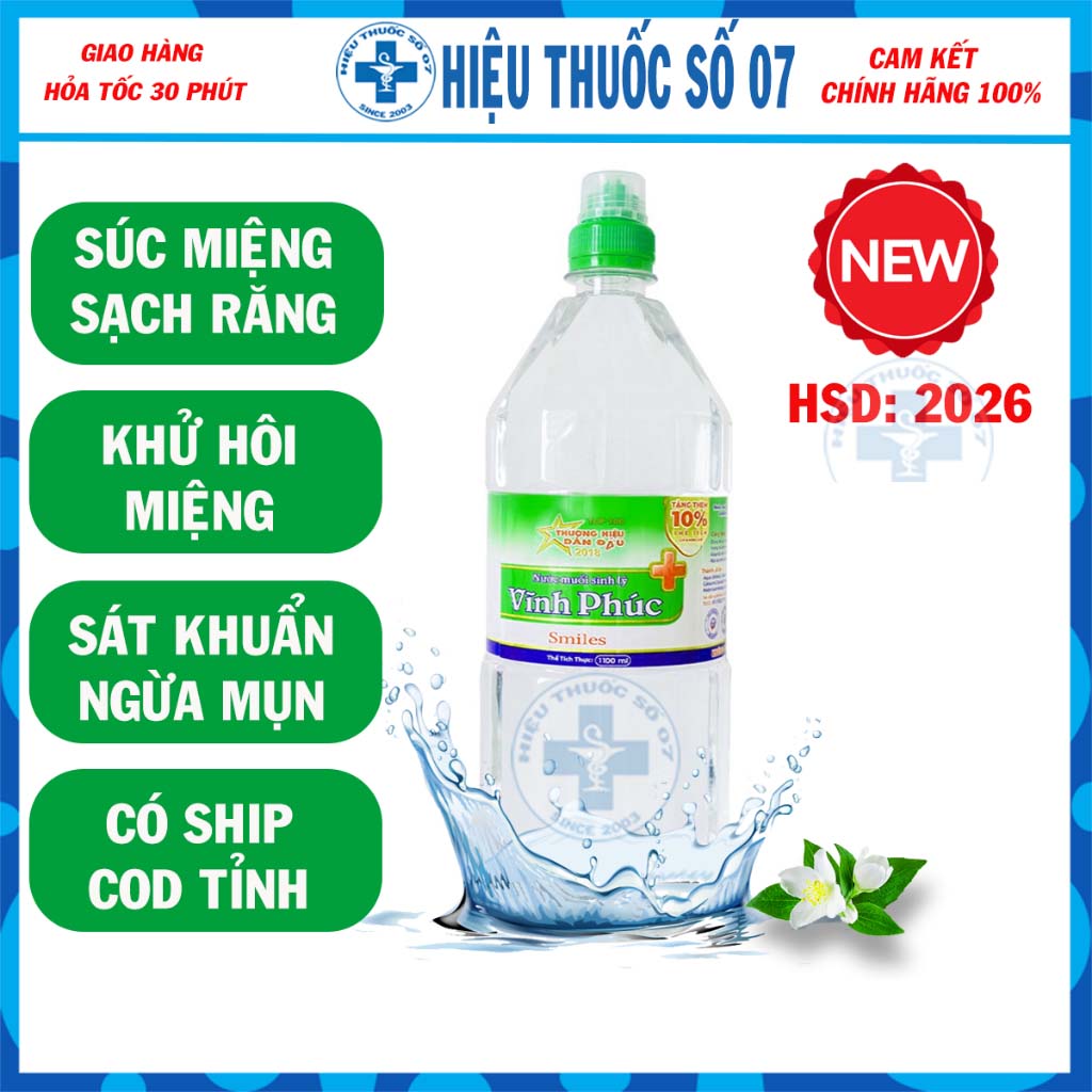 Nước Muối Sinh Lý Vĩnh Phúc Natri Clorid 0.9% Rửa Mũi Sát Khuẩn Chai 1000ml