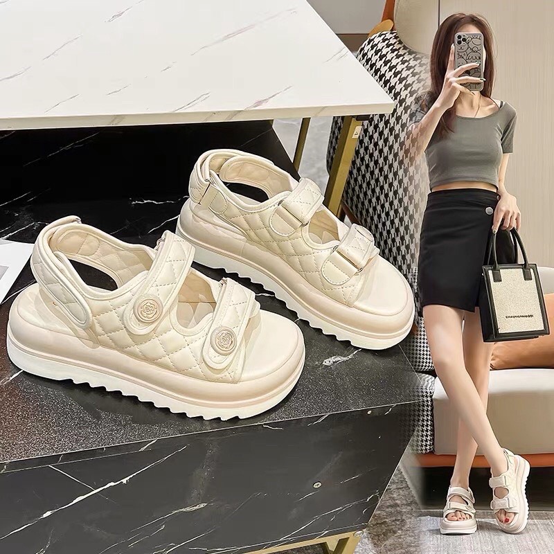 Dép sandal nữ hoa trà đế cao 5cm cao cấp