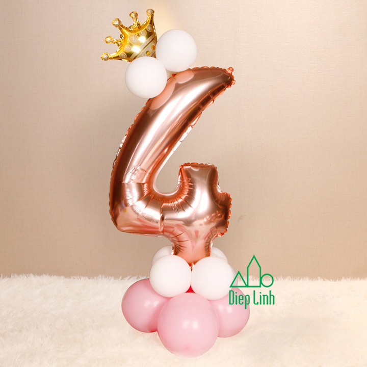 [HCM]Combo bóng số hồng Gold size đại kèm bong bóng nhũ vương miện trang trí - Diệp Linh