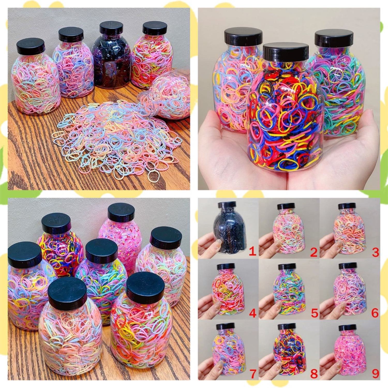 Set 1000 Thun Cột Tóc Co Giãn Nhiều Màu Kèm Bình Đựng