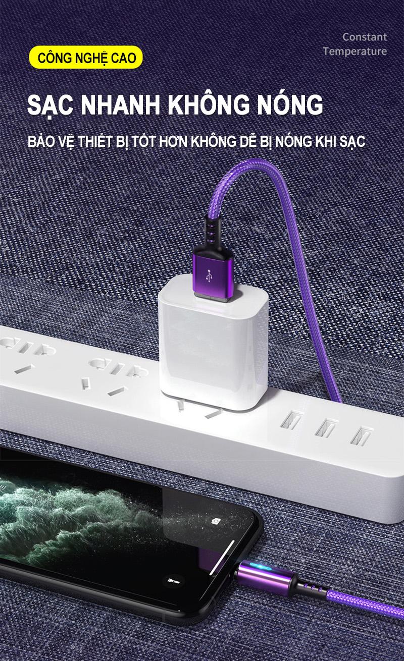 Cáp sạc iphone/Android sạc nhanh, hiển thị đèn LED dây dù siêu bền