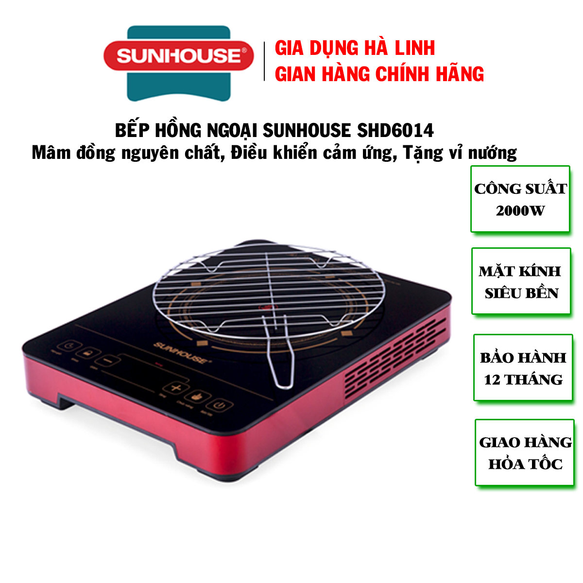 Bếp hồng ngoại cảm ứng Sunhouse SHD6014 - Bếp hồng ngoại Sunhouse - Bếp không kén nồi, Mặt kính chịu nhiệt siêu bền, Công suất 2000W nấu nhanh, bảo hành 12 tháng, Tặng kèm vỉ nướng