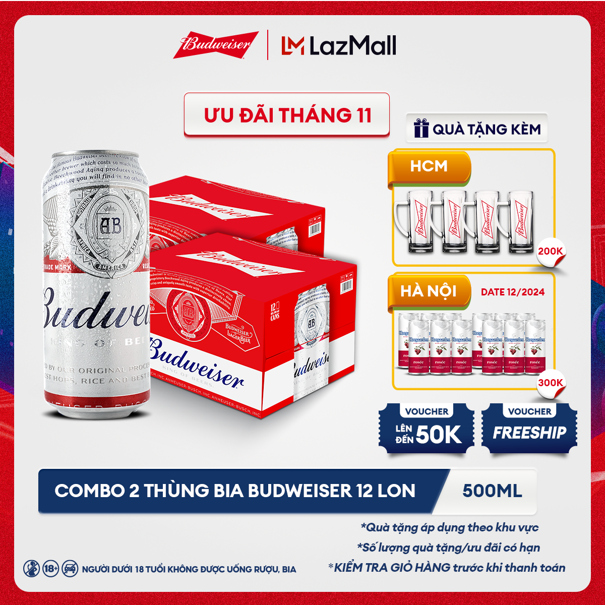 [25.11 - 29.11 VC ĐẾN 100K+FS] Combo 2 Thùng 12 Lon Bia Budweiser (500ml/lon)
