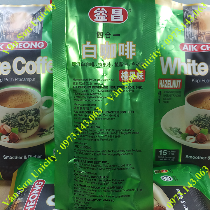 Cà phê trắng vị Hạt Phỉ (Hazelnut) Aik Cheong bịch 600g (15 gói dài x 40g)