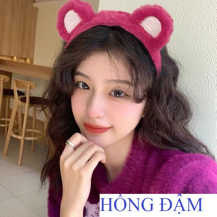 Băng đô cài tóc, bờm tóc hình thú 3D hàn quốc tai gấu hồng