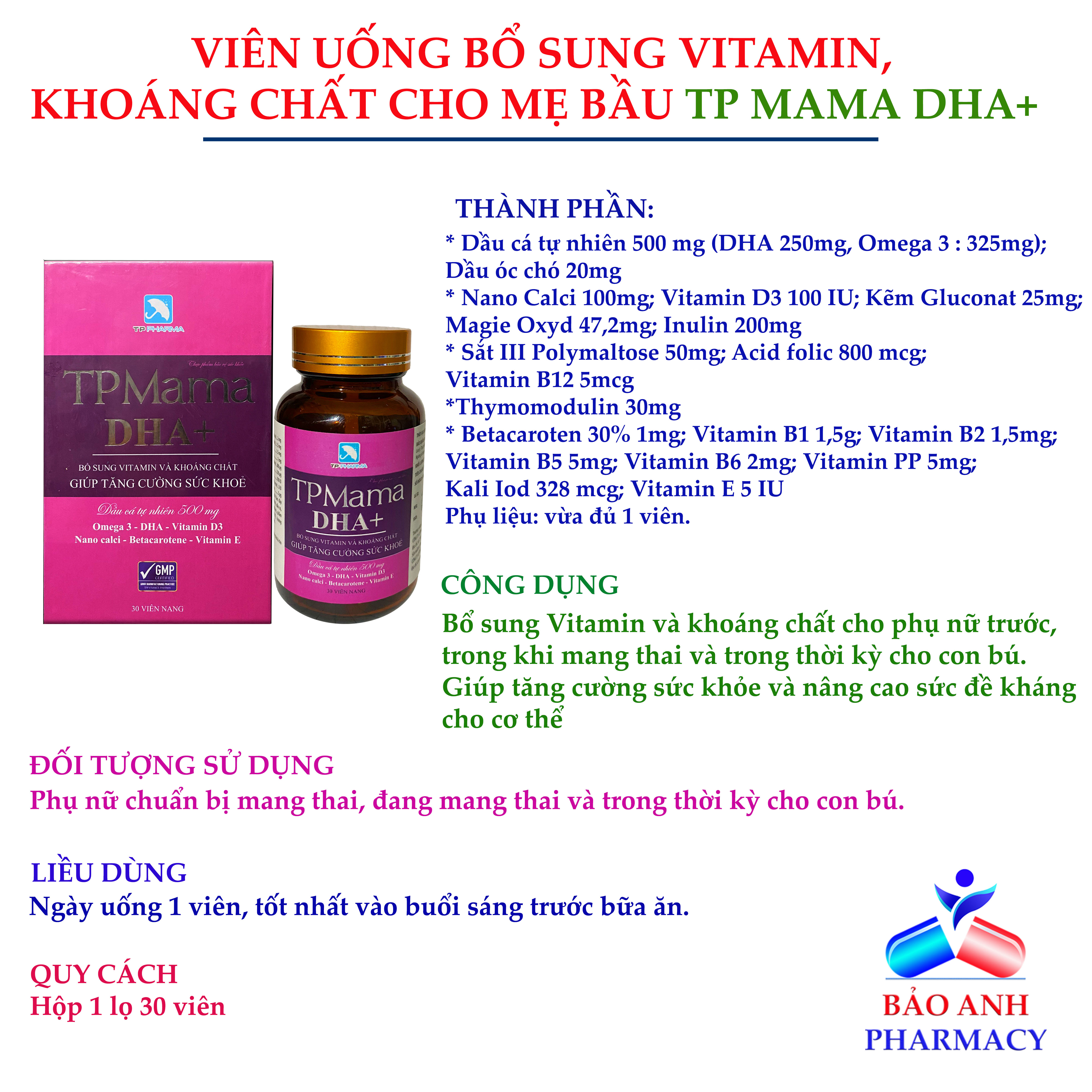 Viên uống bổ tổng hợp cho bà bầu TP MAMA DHA – Bổ sung DHA, các Vitamin, Khoáng chất, dưỡng chất đầy đủ cho thai kỳ - Bổ sung Sắt, Bổ sung Canxi – Hộp 30 viên