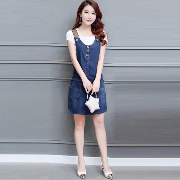 [HCM]Đầm Yếm Jean Nữ Phối Da Nút Ngực Duyên Dáng