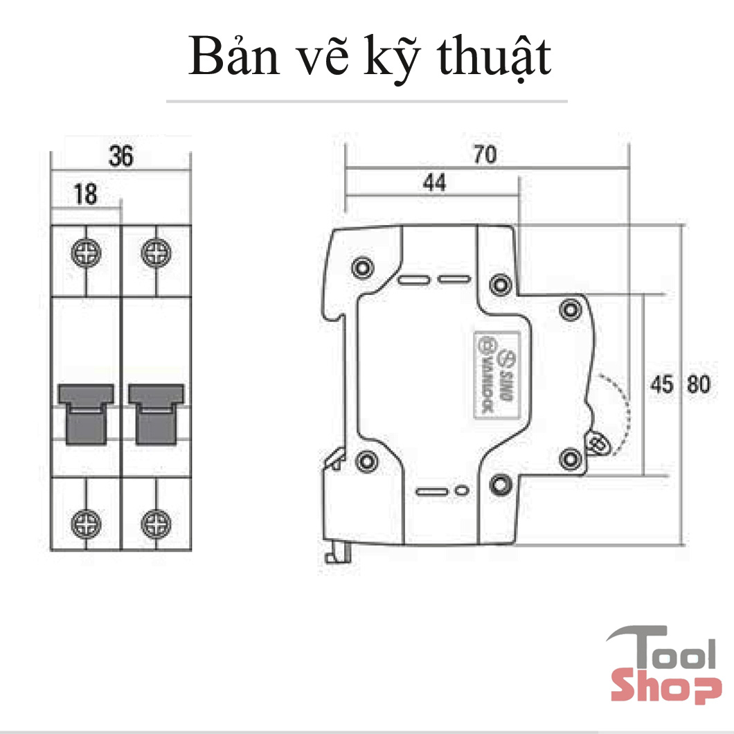 Cầu dao tự động - Loại 2 cực (MCB - 2 Pole) SINO PS45N