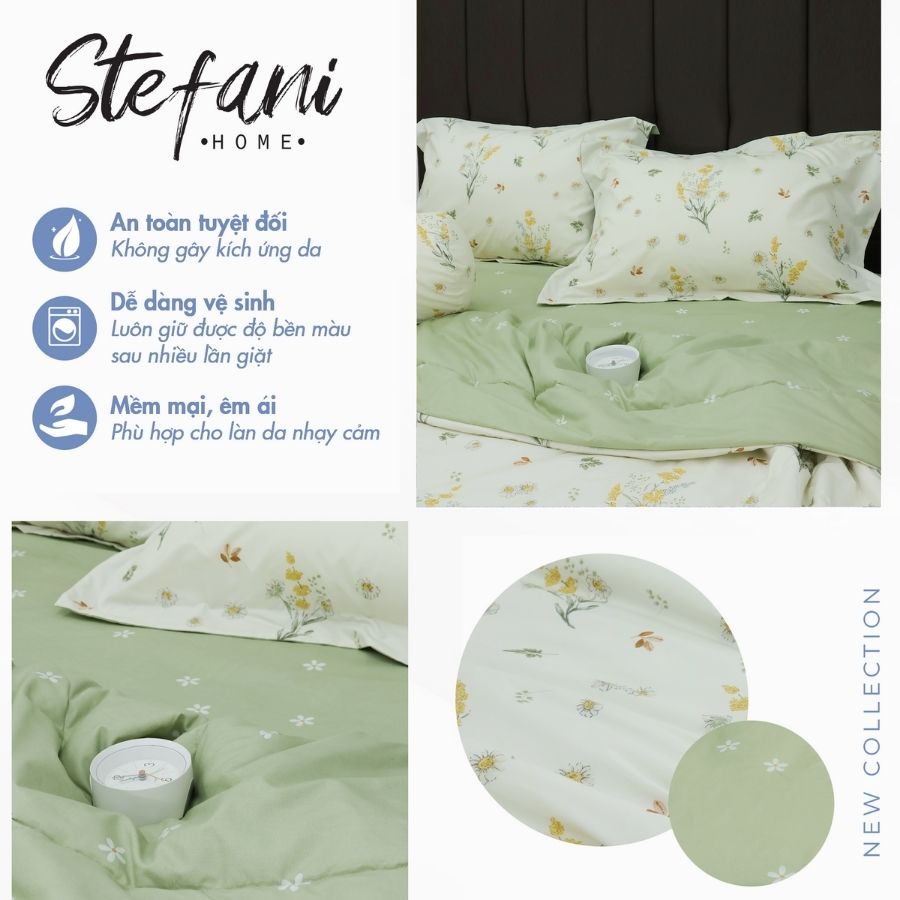 Bộ 5 món drap, áo gối kèm mền Stefani - ST200050 - Bộ chăn ga gối cotton 1m6x2m, 1m8x2m