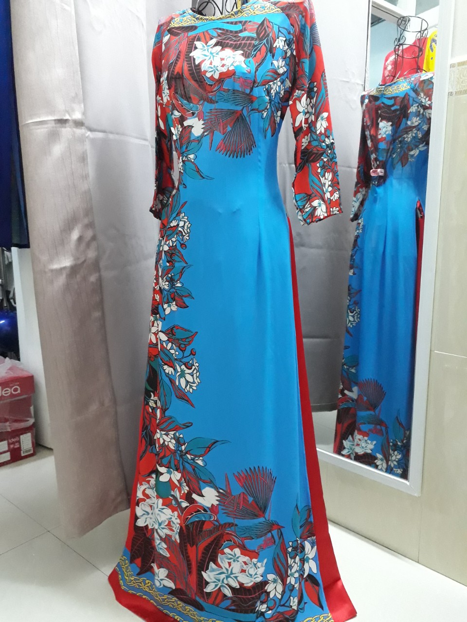 Áo dài CAO CẤP may sẵn 3D kèm quần- Xanh đỏ